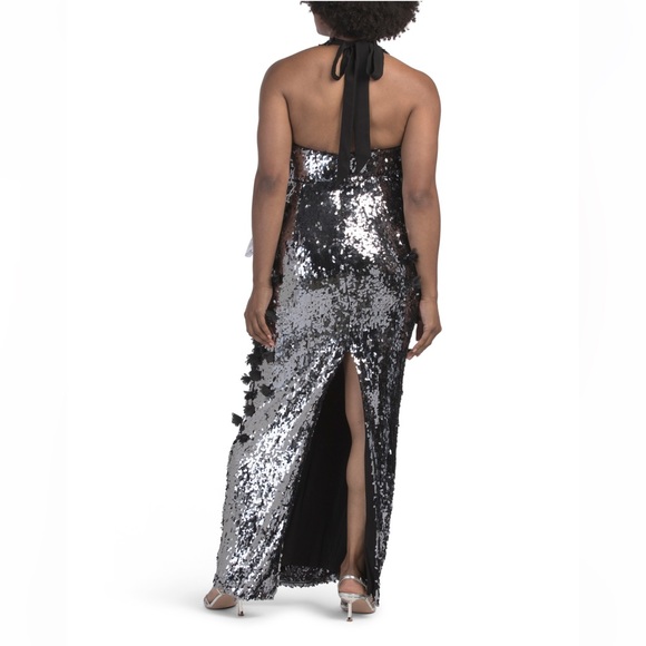 NWT | Dress the Population - “Priscilla” Sequin Halter Backless Gown, Gunmetal - Picture 4 of 6